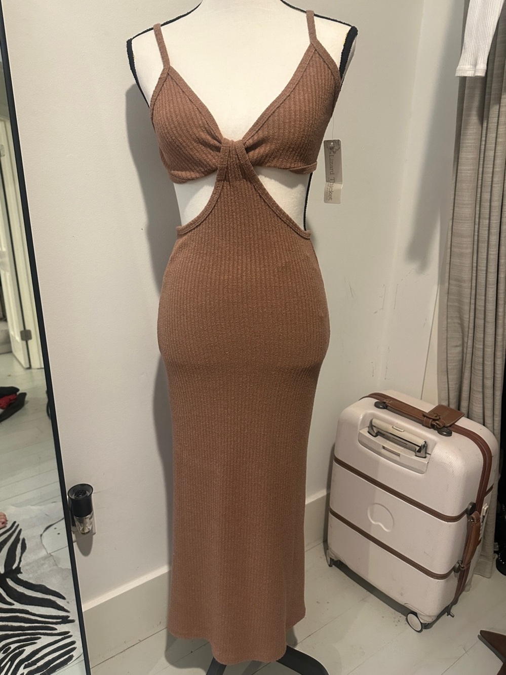 Lizard Thicket Brown Ribbed Midi Dress with Twist Front Cutouts